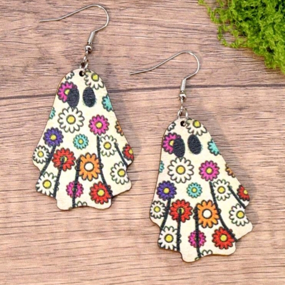 "Boho Ghost" Pretty Colorful Floral Wood Ghost Dangle Drop Earrings New! - Picture 1 of 4